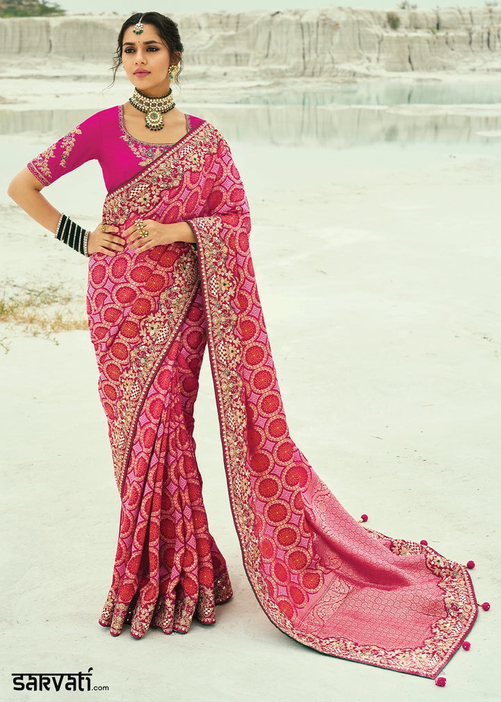 Shades Of Pink Bandhej Saree with Moti & Cut Dana Handwork: Navratri Edit