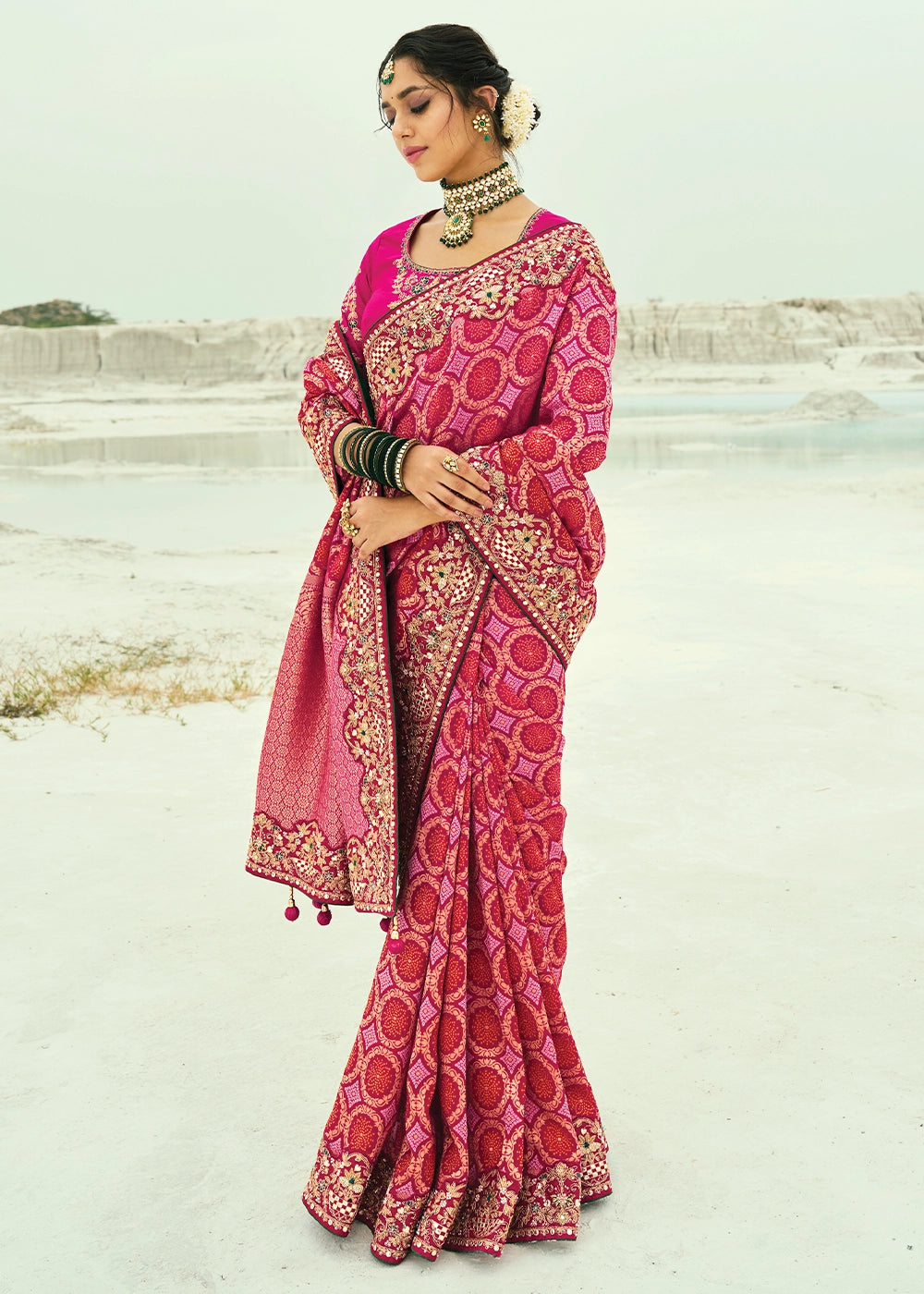 Shades Of Pink Bandhej Saree with Moti & Cut Dana Handwork: Navratri Edit