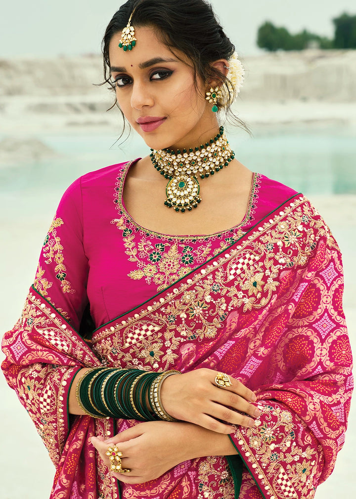 Shades Of Pink Bandhej Saree with Moti & Cut Dana Handwork: Navratri Edit