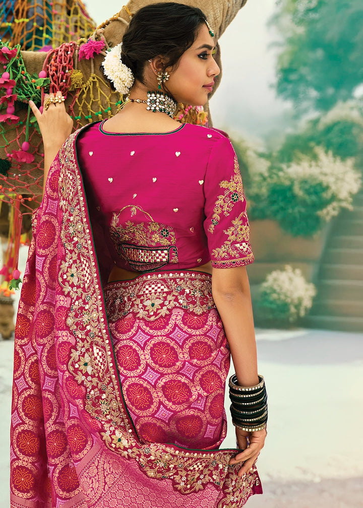 Shades Of Pink Bandhej Saree with Moti & Cut Dana Handwork: Navratri Edit