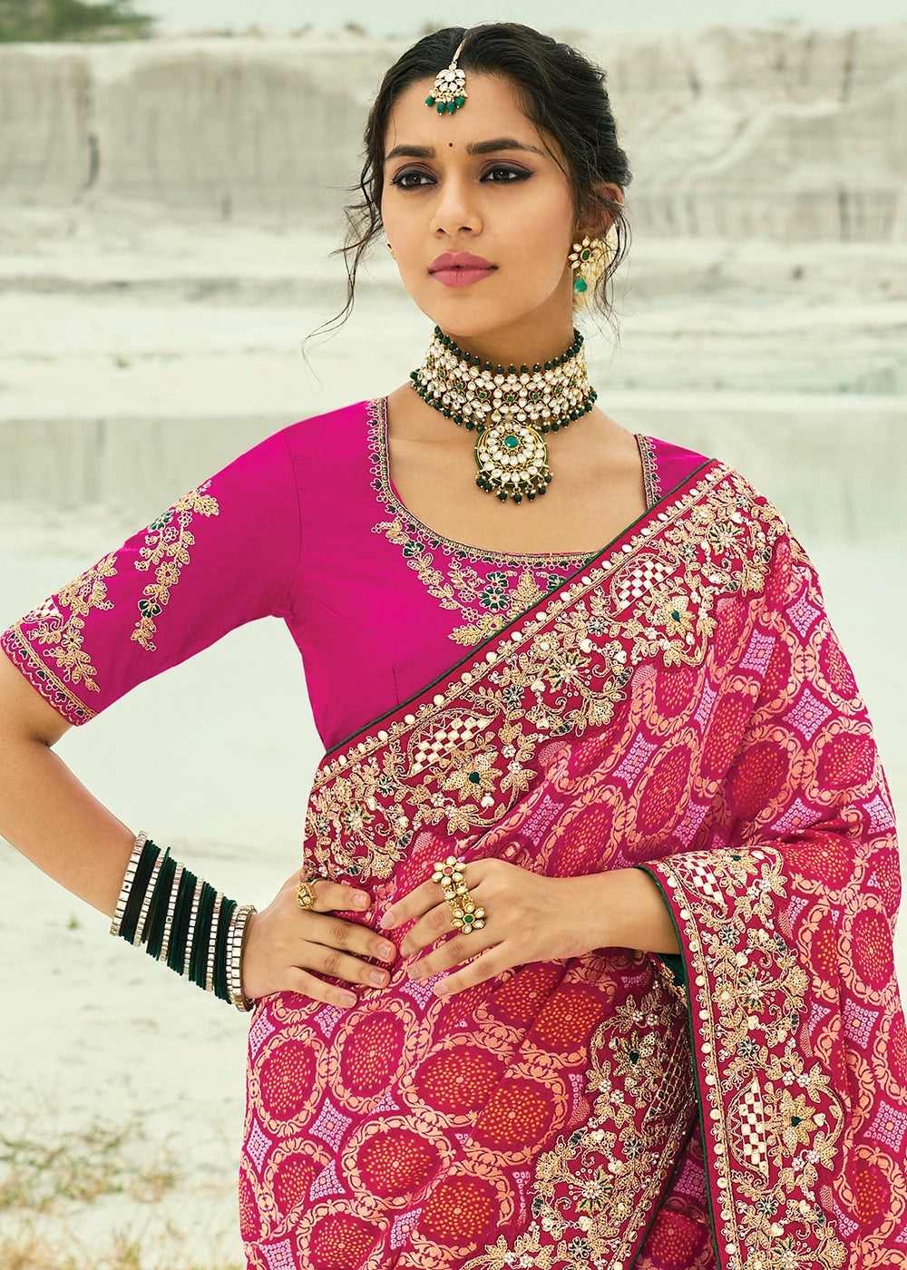 Shades Of Pink Bandhej Saree with Moti & Cut Dana Handwork: Navratri Edit
