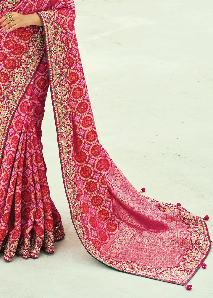 Shades Of Pink Bandhej Saree with Moti & Cut Dana Handwork: Navratri Edit