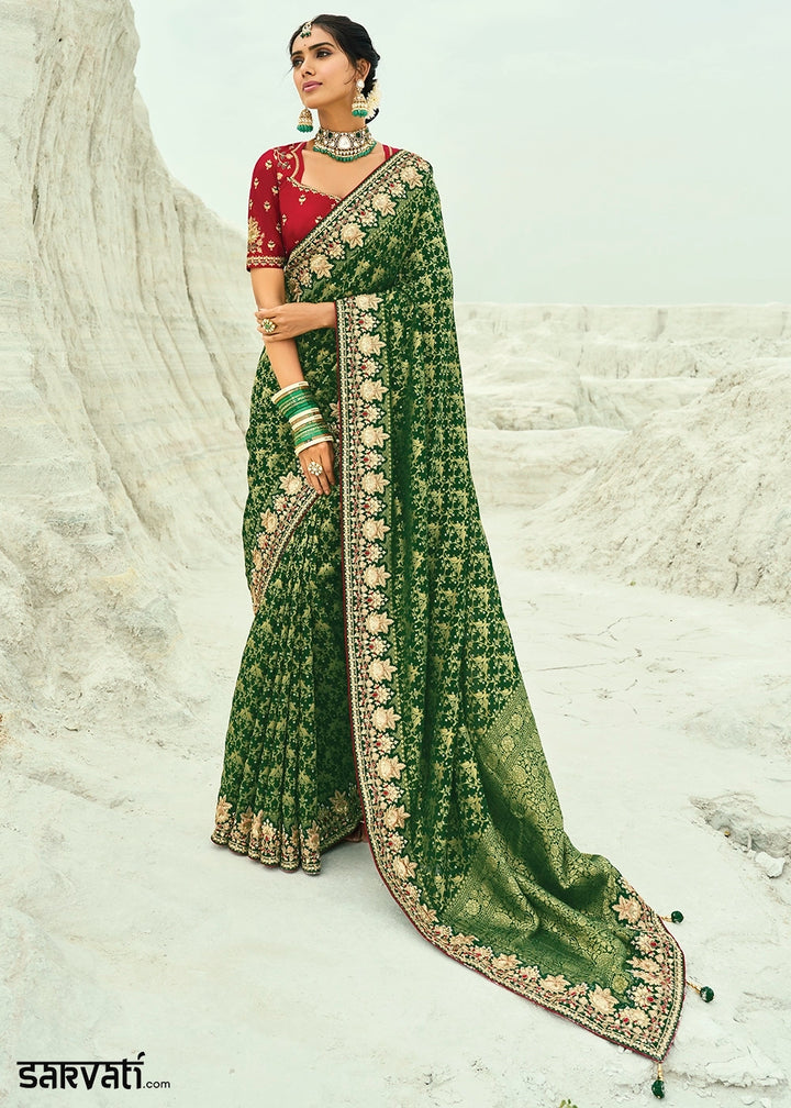 Phthalo Green Bandhej Saree with Moti & Cut Dana Handwork: Navratri Edit