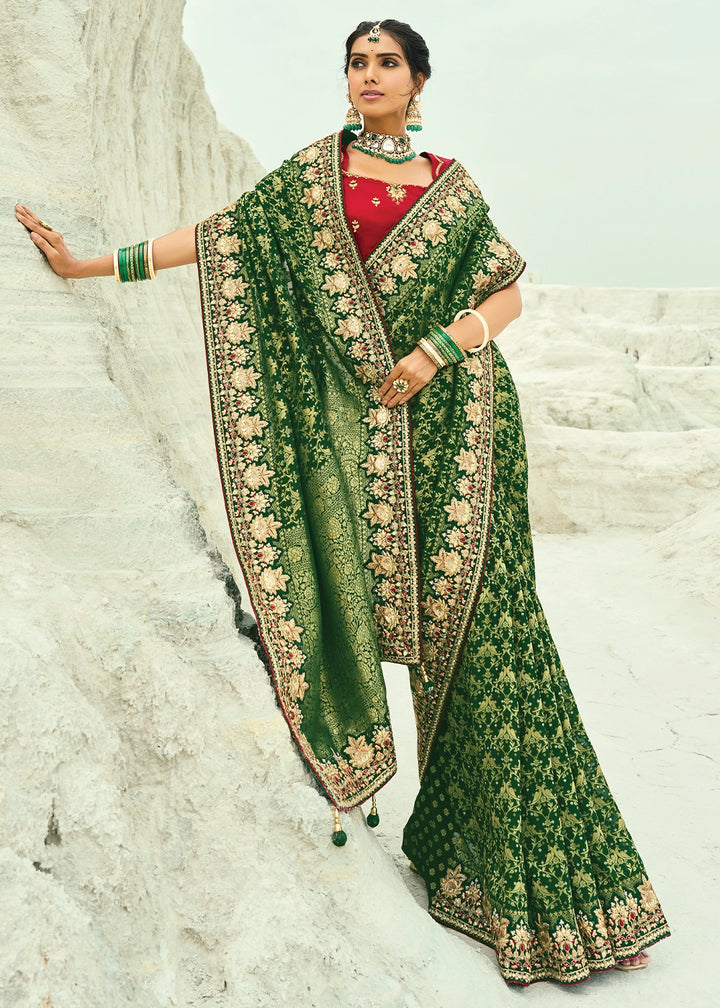 Phthalo Green Bandhej Saree with Moti & Cut Dana Handwork: Navratri Edit