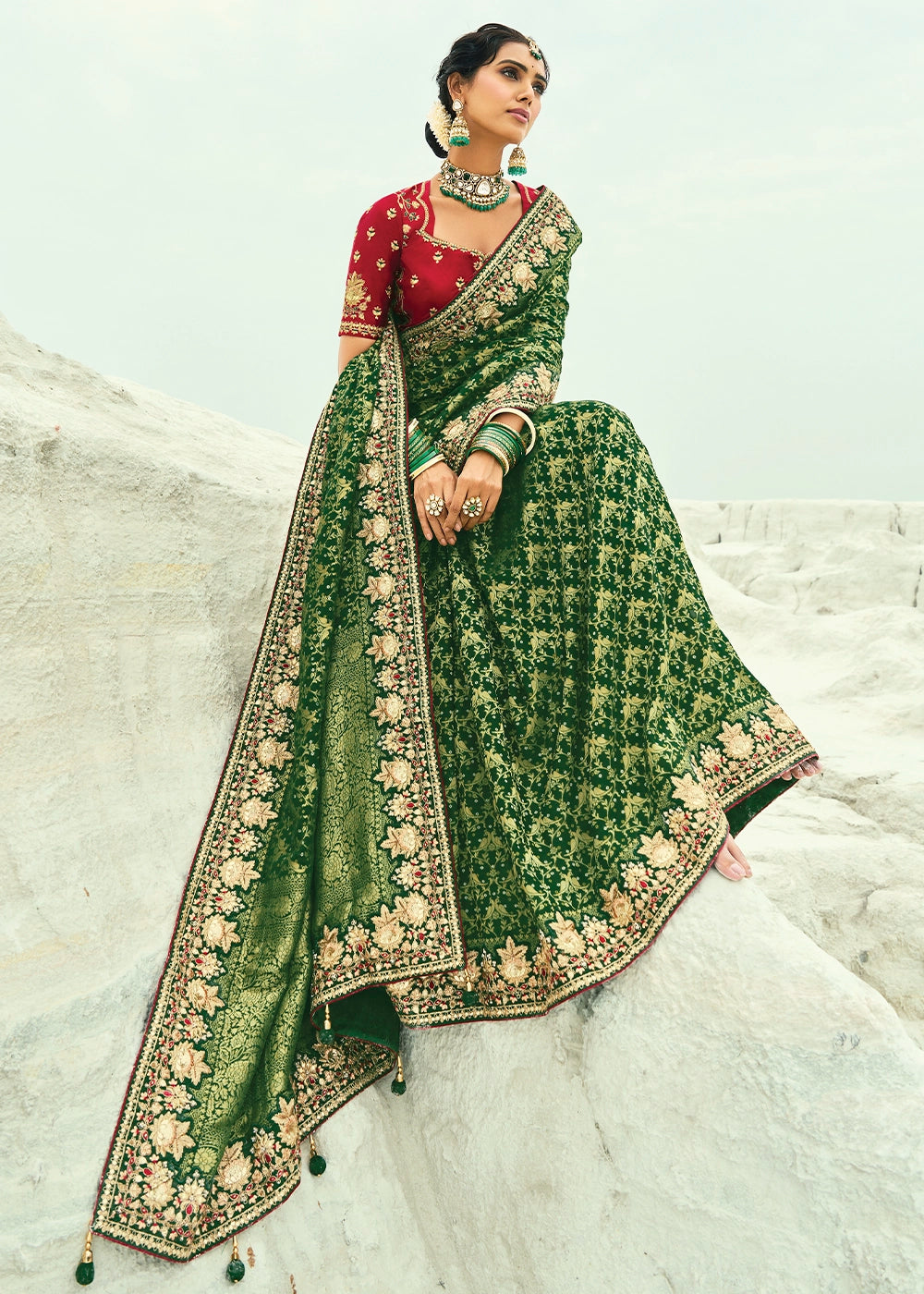 Phthalo Green Bandhej Saree with Moti & Cut Dana Handwork: Navratri Edit