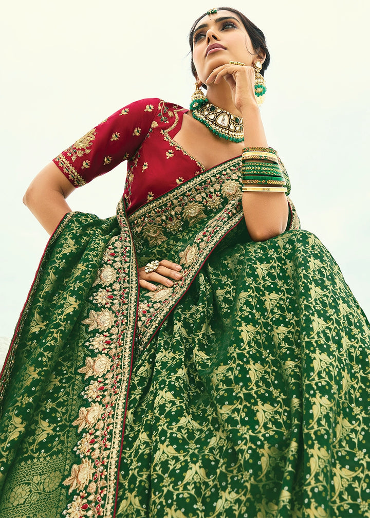 Phthalo Green Bandhej Saree with Moti & Cut Dana Handwork: Navratri Edit