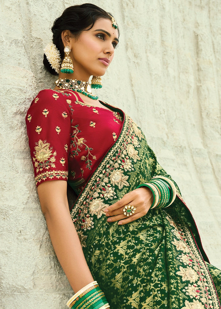 Phthalo Green Bandhej Saree with Moti & Cut Dana Handwork: Navratri Edit