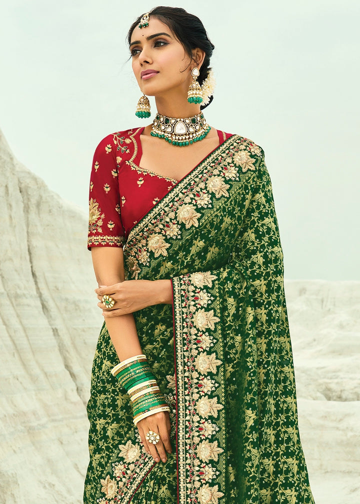 Phthalo Green Bandhej Saree with Moti & Cut Dana Handwork: Navratri Edit