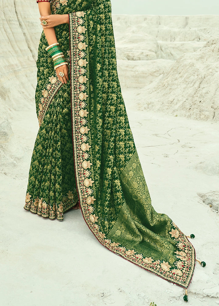 Phthalo Green Bandhej Saree with Moti & Cut Dana Handwork: Navratri Edit