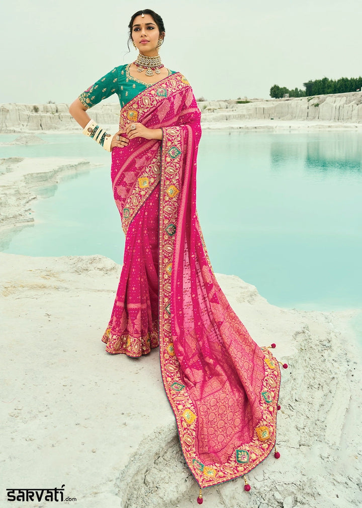 Hot Pink Bandhej Saree with Moti & Cut Dana Handwork: Navratri Edit