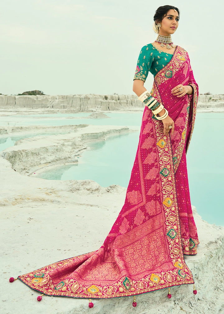 Hot Pink Bandhej Saree with Moti & Cut Dana Handwork: Navratri Edit