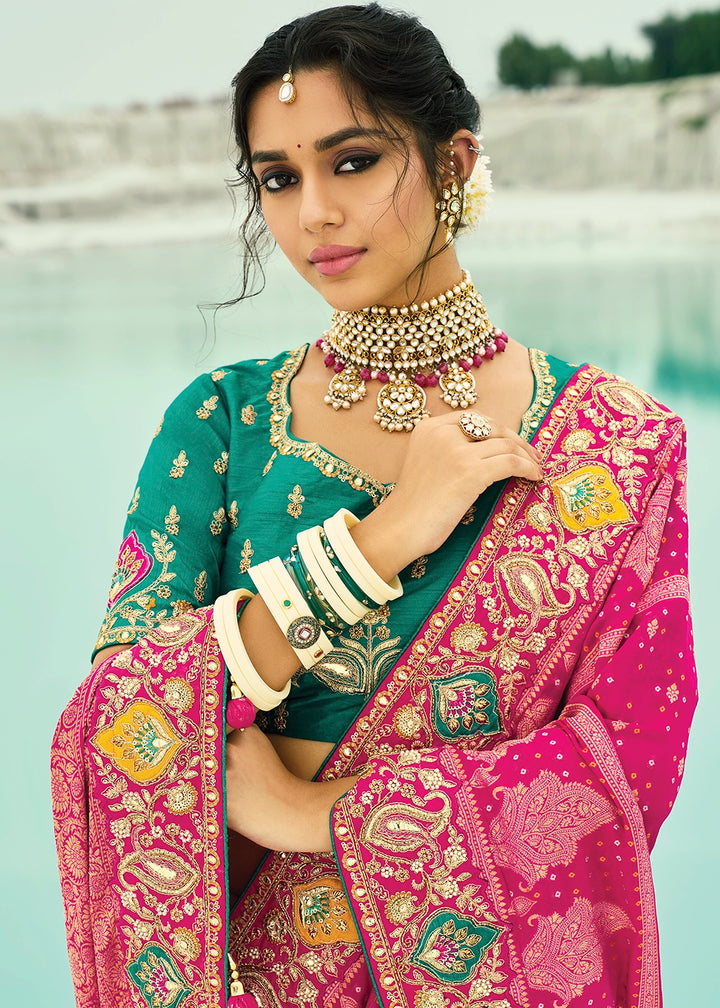 Hot Pink Bandhej Saree with Moti & Cut Dana Handwork: Navratri Edit
