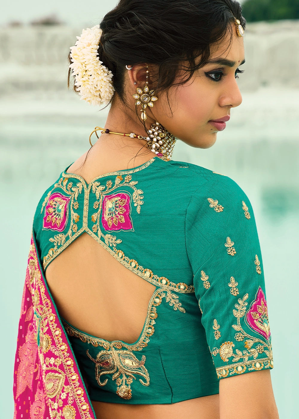Hot Pink Bandhej Saree with Moti & Cut Dana Handwork: Navratri Edit
