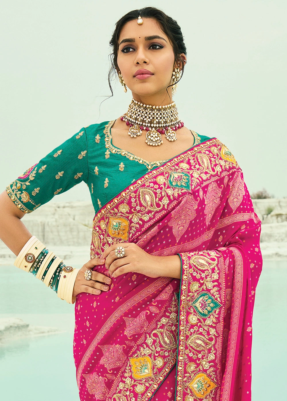 Hot Pink Bandhej Saree with Moti & Cut Dana Handwork: Navratri Edit