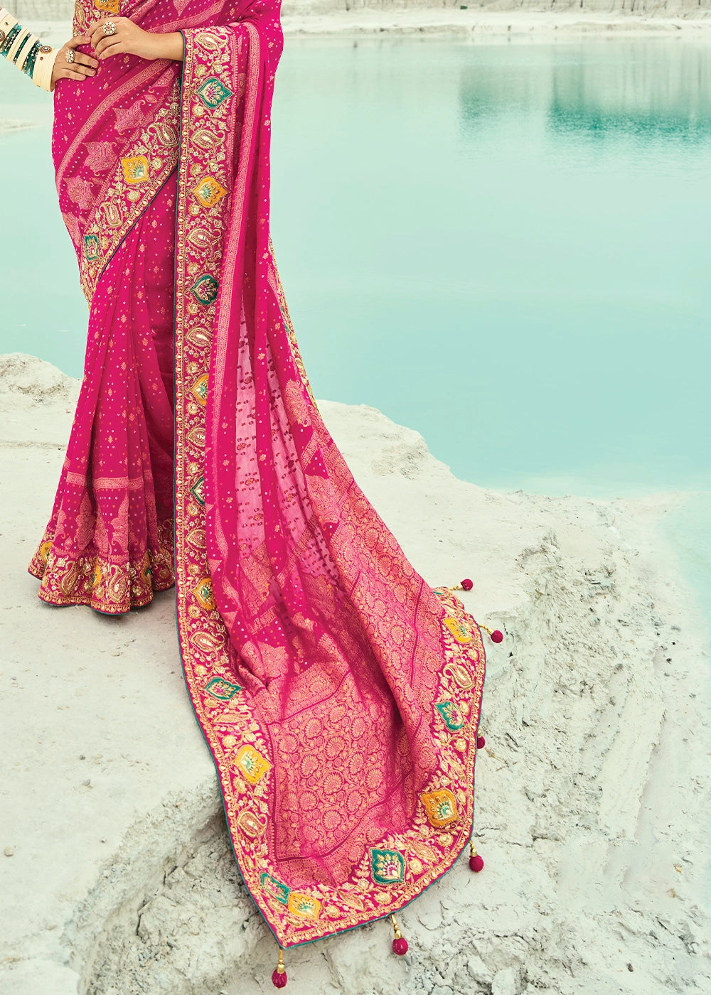 Hot Pink Bandhej Saree with Moti & Cut Dana Handwork: Navratri Edit