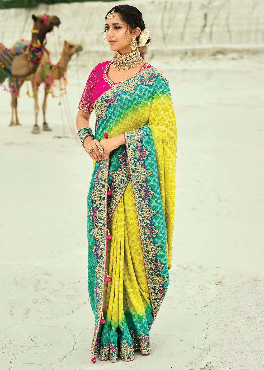 Blue & Yellow Bandhej Saree with Moti & Cut Dana Handwork: Navratri Edit