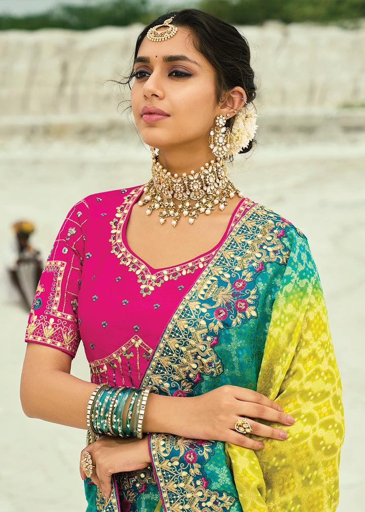 Blue & Yellow Bandhej Saree with Moti & Cut Dana Handwork: Navratri Edit