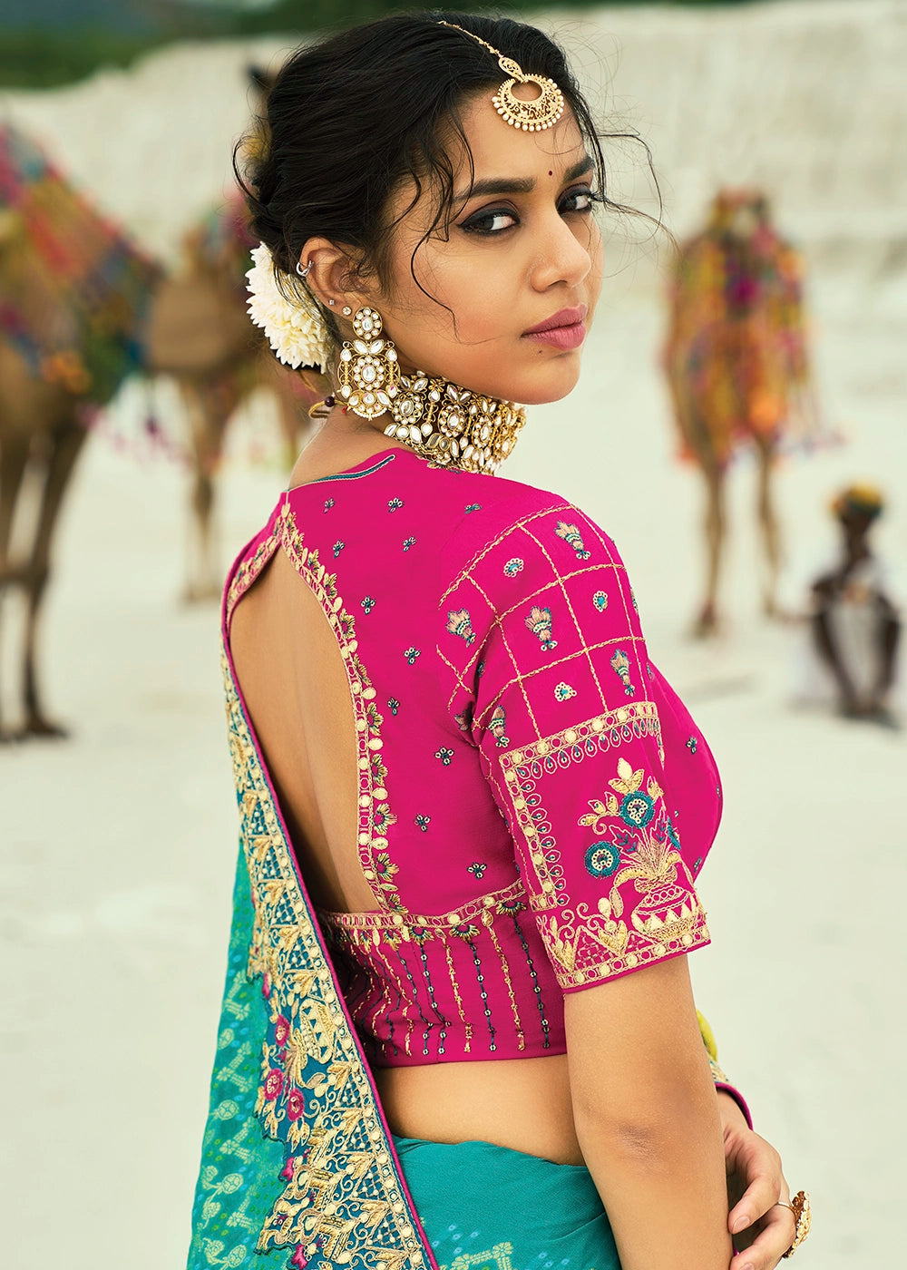 Blue & Yellow Bandhej Saree with Moti & Cut Dana Handwork: Navratri Edit