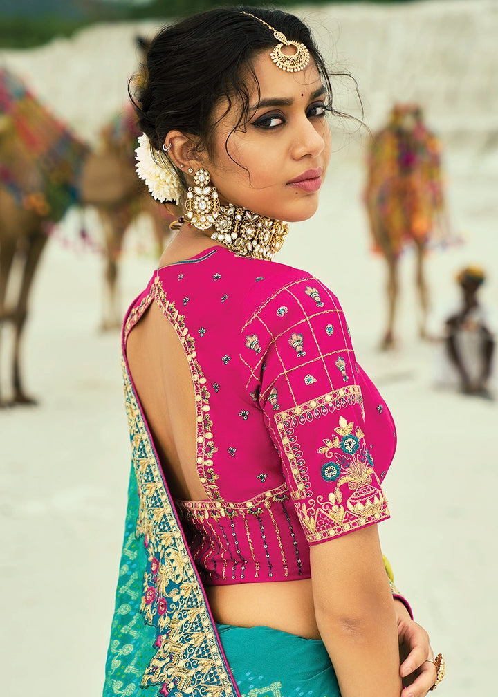 Blue & Yellow Bandhej Saree with Moti & Cut Dana Handwork: Navratri Edit