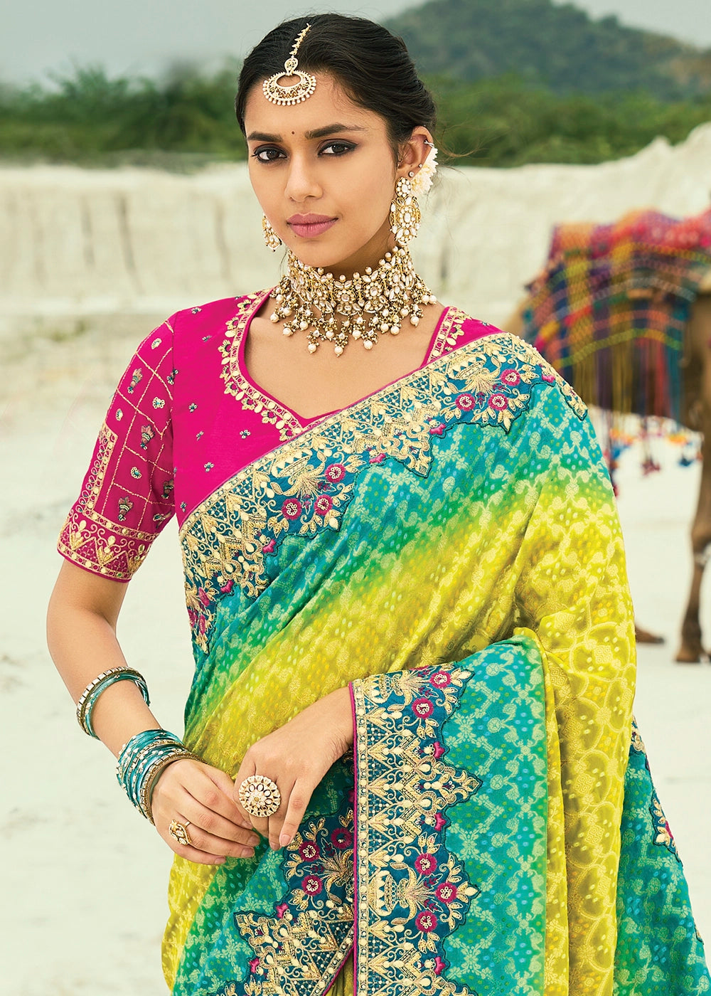 Blue & Yellow Bandhej Saree with Moti & Cut Dana Handwork: Navratri Edit