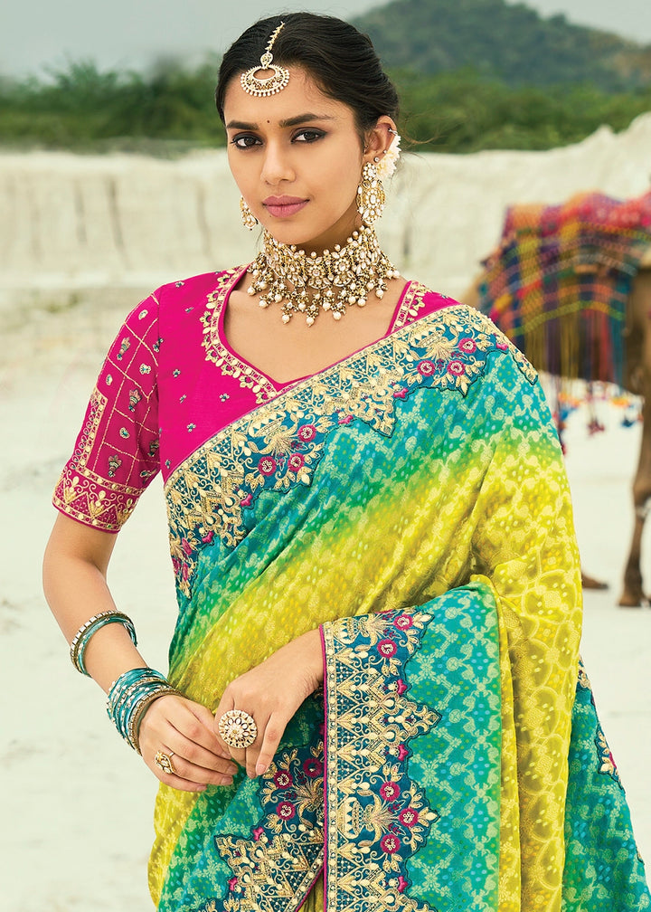 Blue & Yellow Bandhej Saree with Moti & Cut Dana Handwork: Navratri Edit
