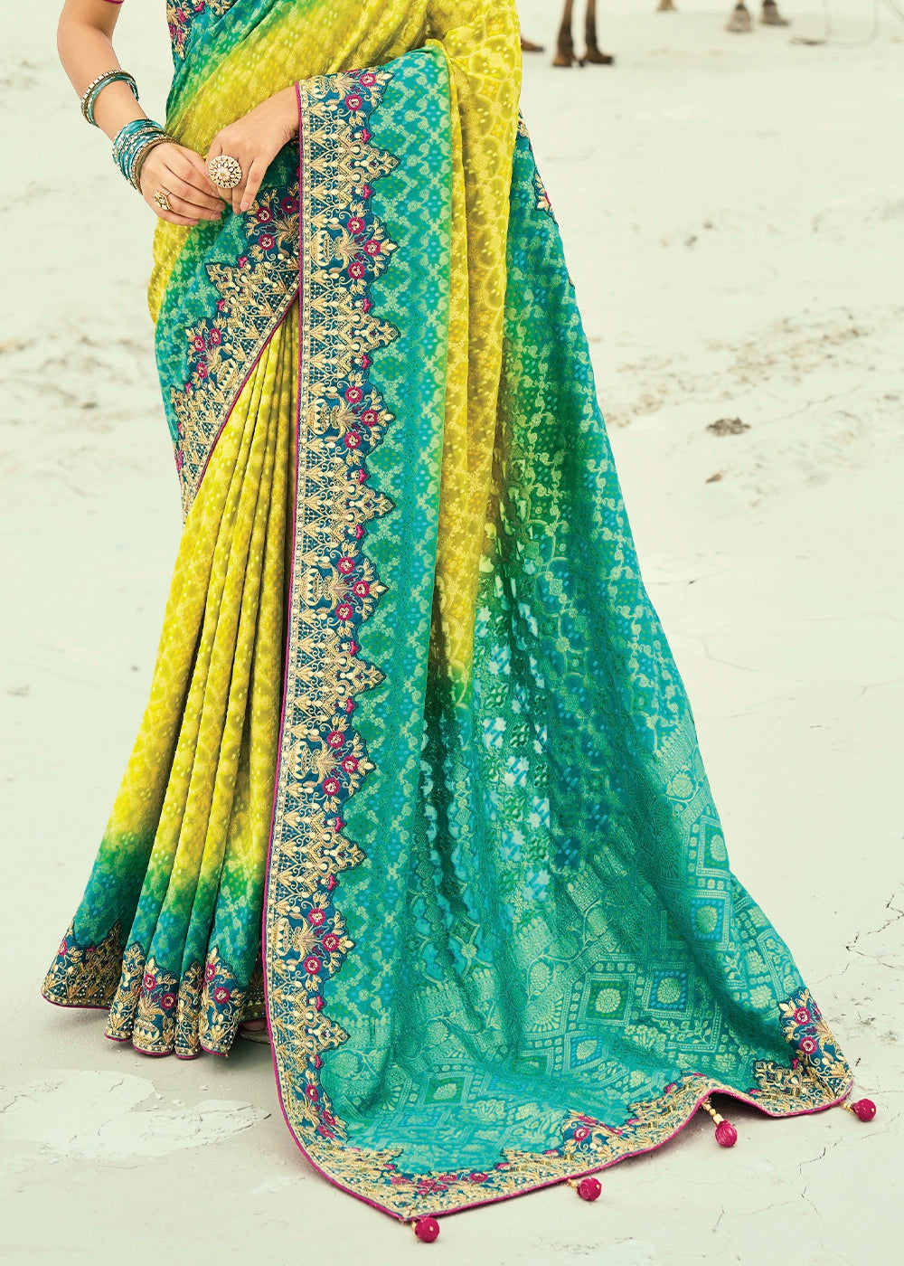 Blue & Yellow Bandhej Saree with Moti & Cut Dana Handwork: Navratri Edit
