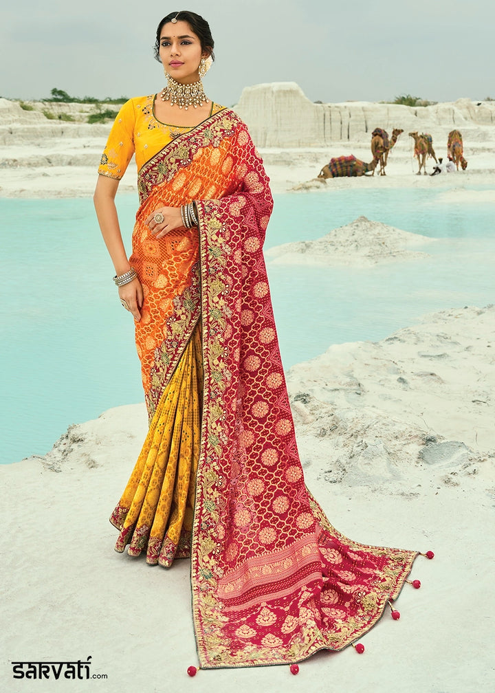Yellow & Orange Bandhej Saree with Moti & Cut Dana Handwork: Navratri Edit
