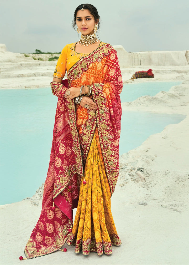 Yellow & Orange Bandhej Saree with Moti & Cut Dana Handwork: Navratri Edit