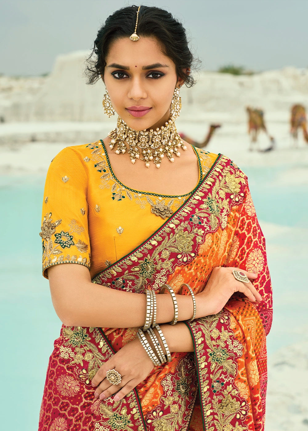 Yellow & Orange Bandhej Saree with Moti & Cut Dana Handwork: Navratri Edit