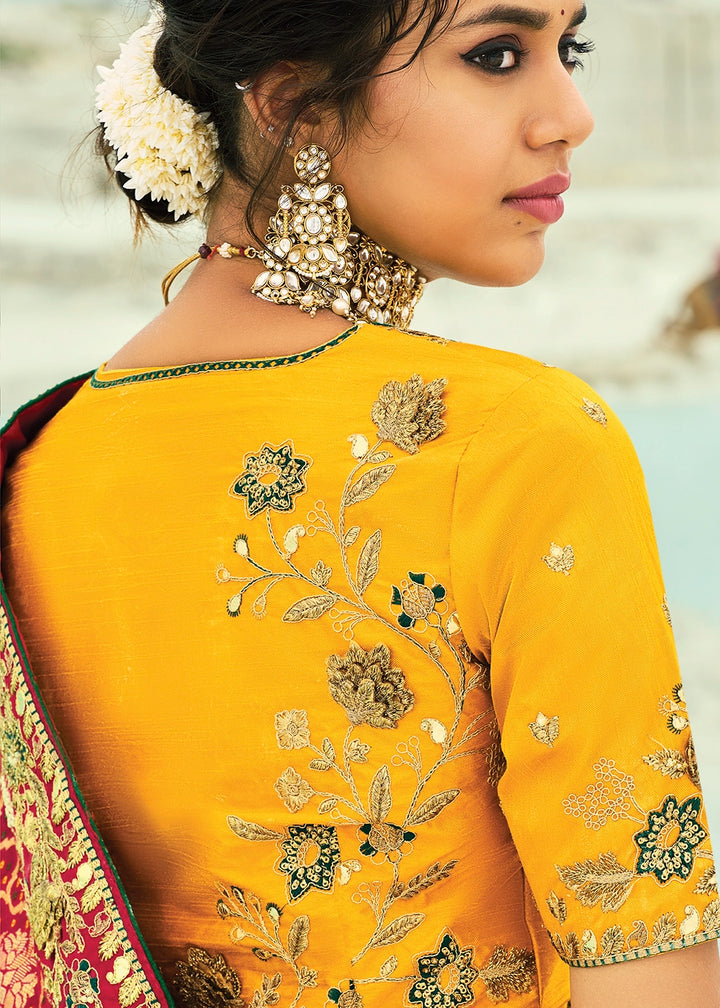 Yellow & Orange Bandhej Saree with Moti & Cut Dana Handwork: Navratri Edit