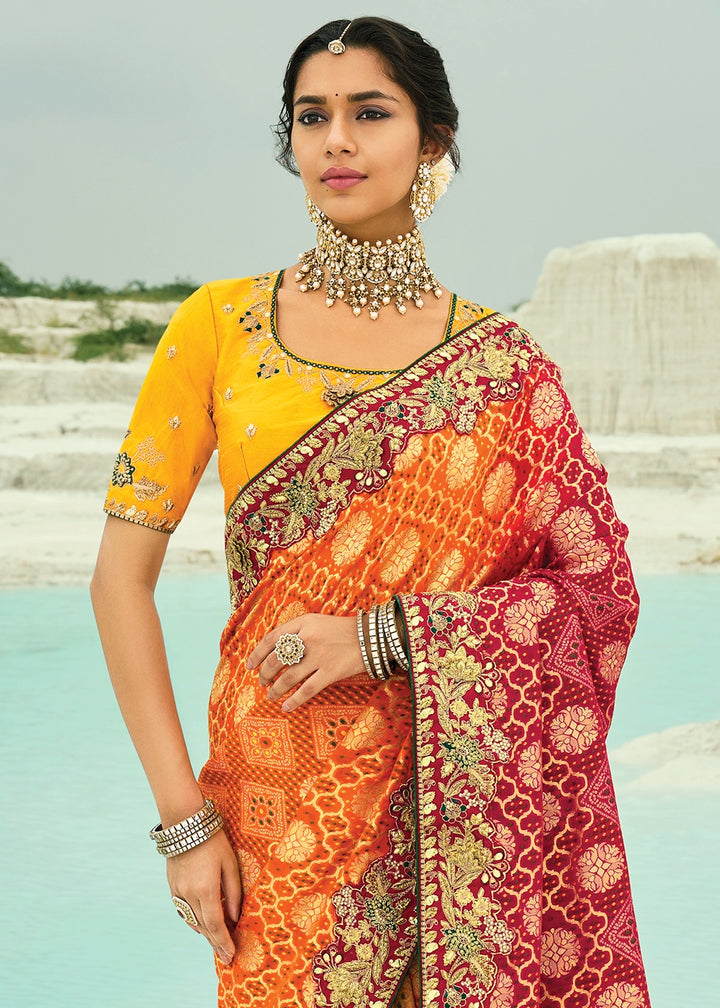 Yellow & Orange Bandhej Saree with Moti & Cut Dana Handwork: Navratri Edit