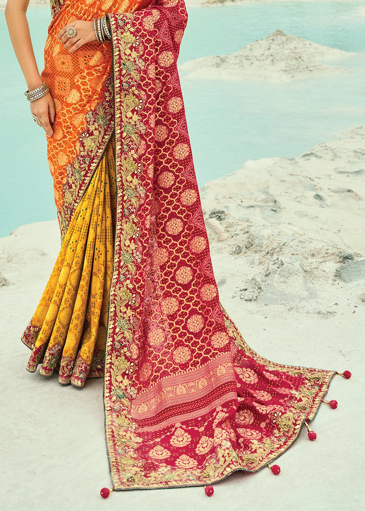 Yellow & Orange Bandhej Saree with Moti & Cut Dana Handwork: Navratri Edit