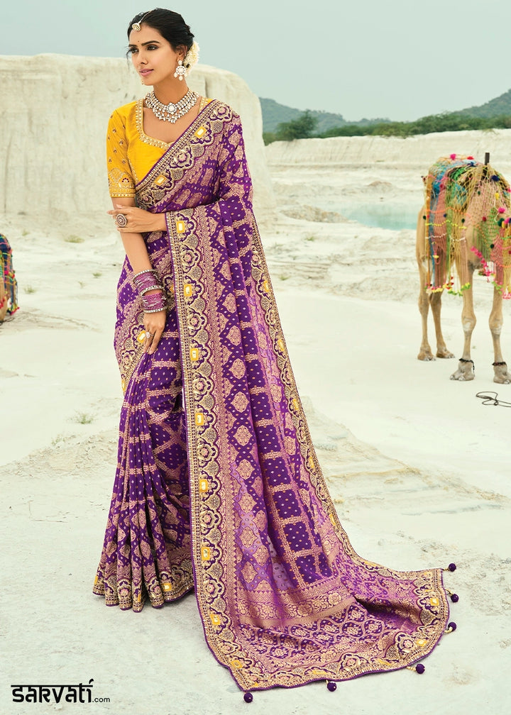 Shades Of Purple Bandhej Saree with Moti & Cut Dana Handwork: Navratri Edit
