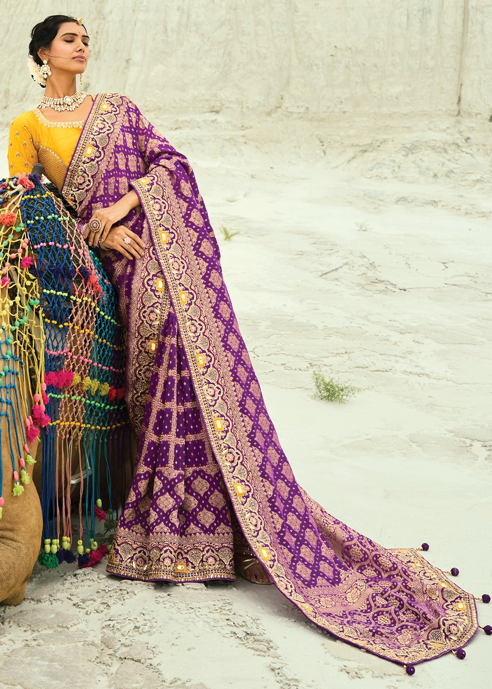 Shades Of Purple Bandhej Saree with Moti & Cut Dana Handwork: Navratri Edit