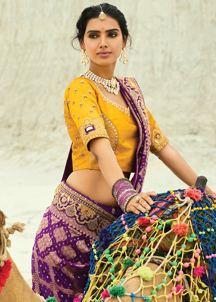 Shades Of Purple Bandhej Saree with Moti & Cut Dana Handwork: Navratri Edit