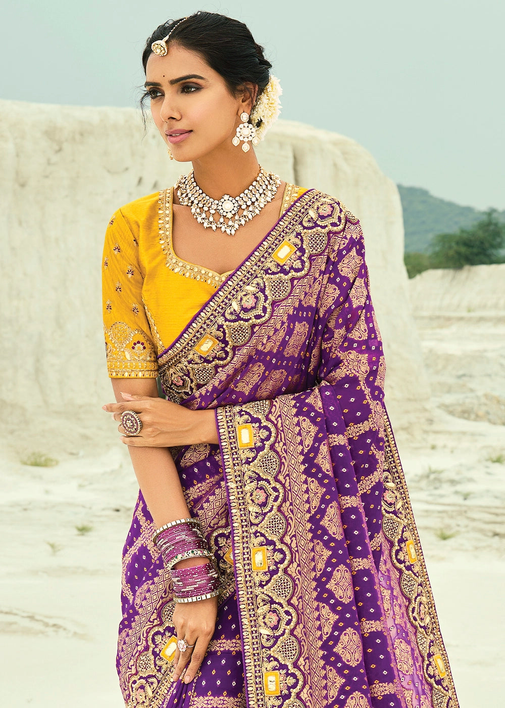 Shades Of Purple Bandhej Saree with Moti & Cut Dana Handwork: Navratri Edit