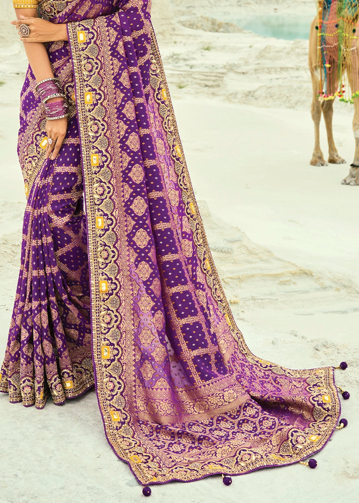 Shades Of Purple Bandhej Saree with Moti & Cut Dana Handwork: Navratri Edit