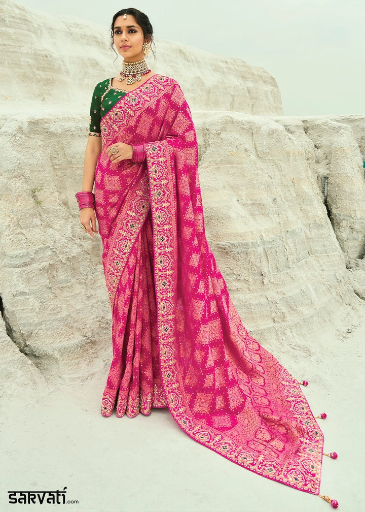Shades Of Pink Bandhej Saree with Moti & Cut Dana Handwork: Navratri Edit