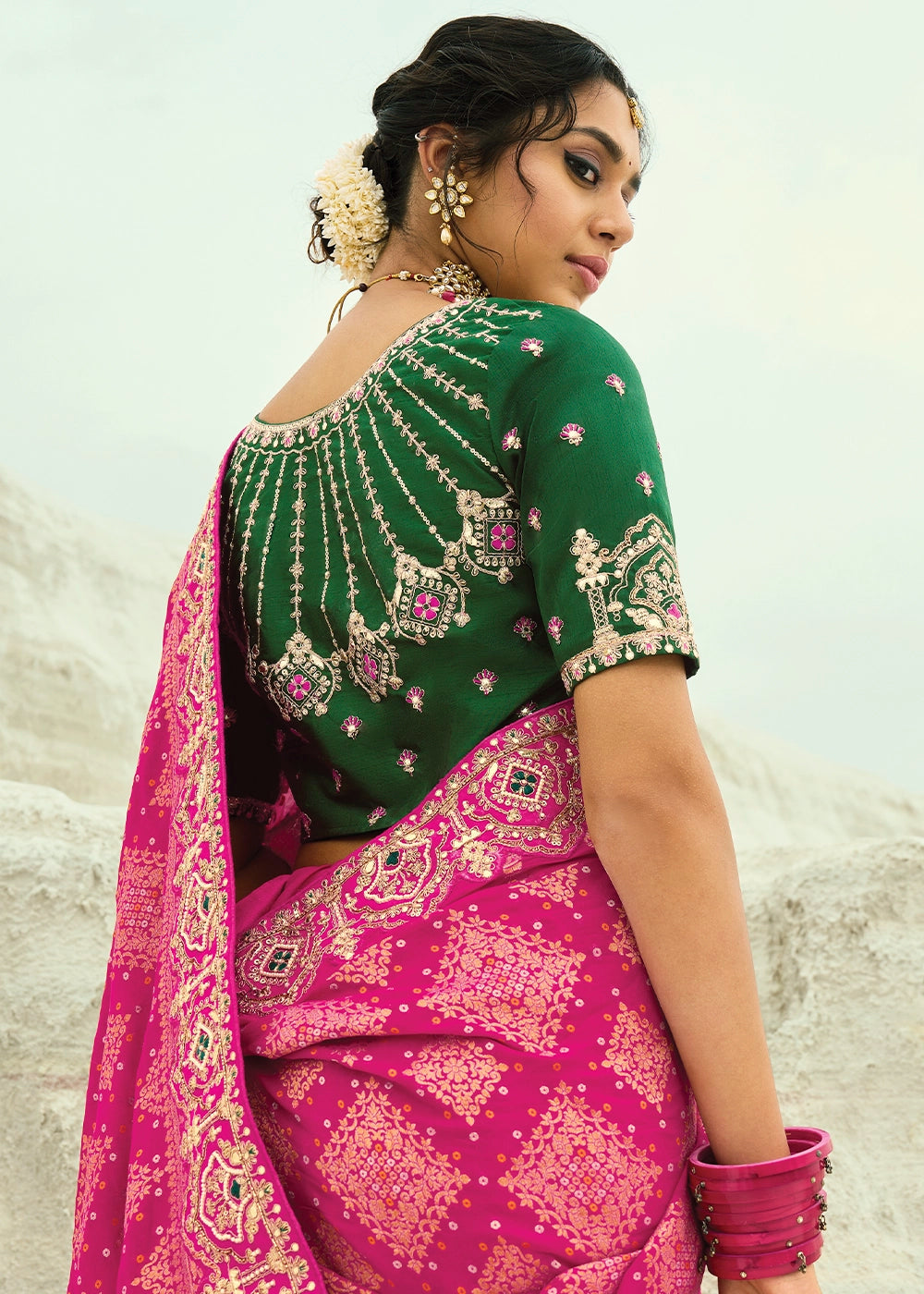 Shades Of Pink Bandhej Saree with Moti & Cut Dana Handwork: Navratri Edit