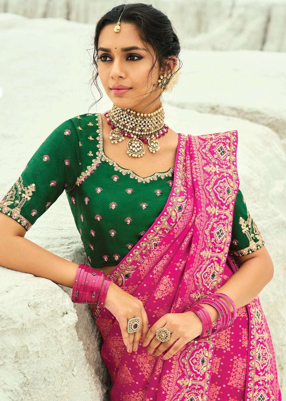 Shades Of Pink Bandhej Saree with Moti & Cut Dana Handwork: Navratri Edit