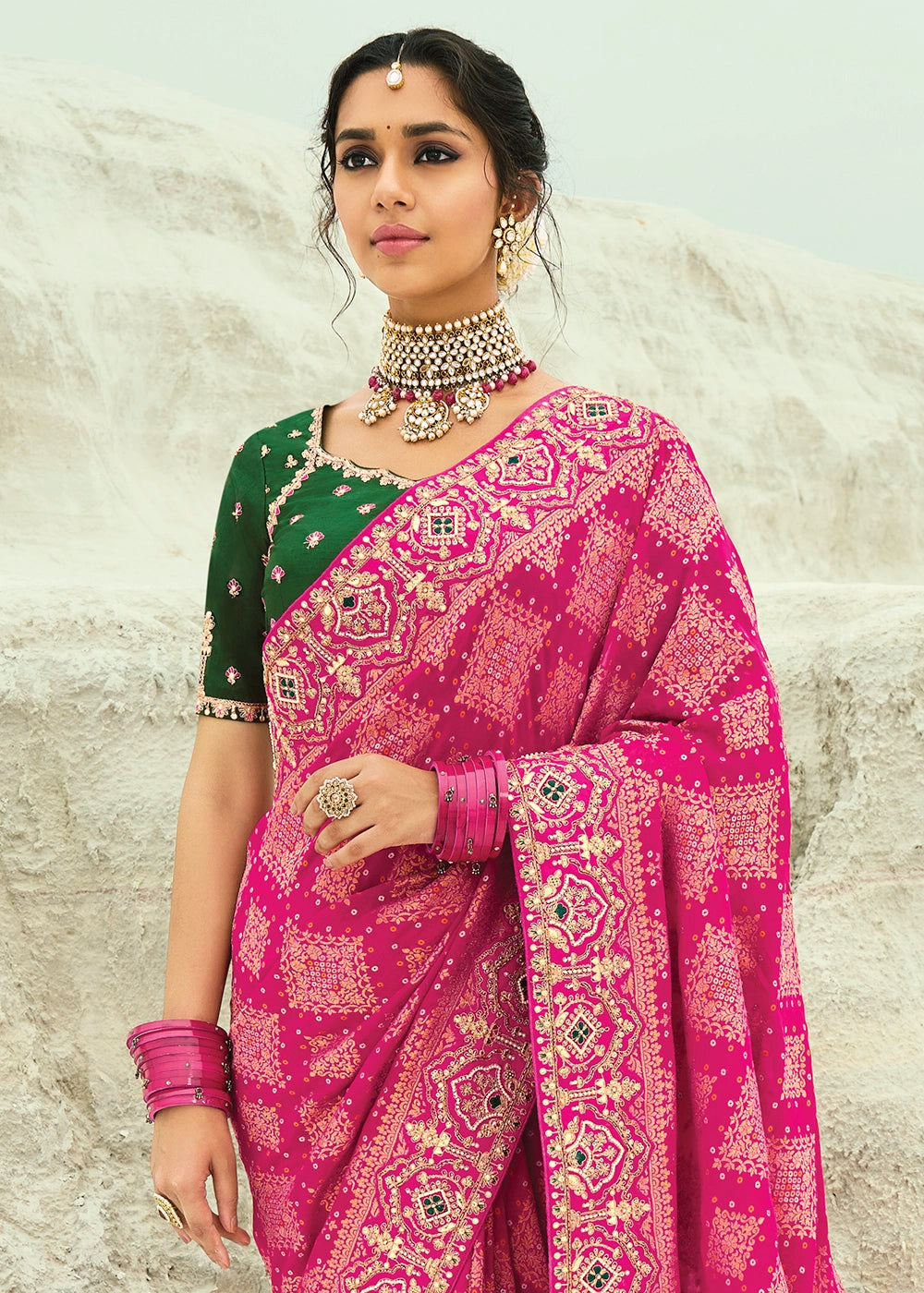 Shades Of Pink Bandhej Saree with Moti & Cut Dana Handwork: Navratri Edit