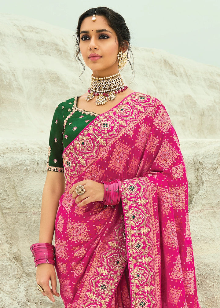 Shades Of Pink Bandhej Saree with Moti & Cut Dana Handwork: Navratri Edit