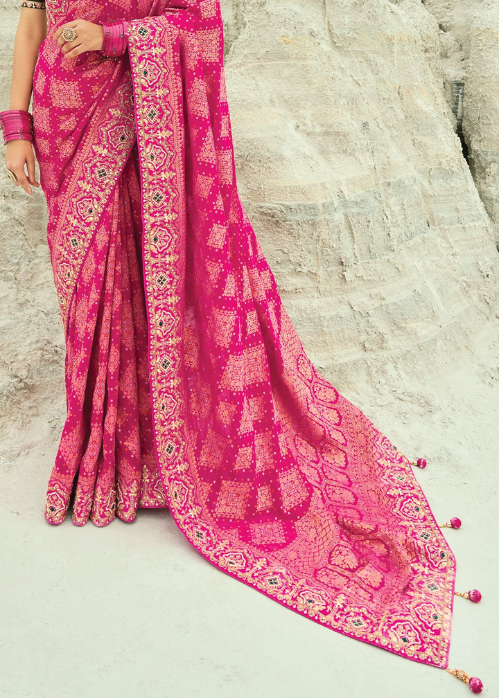 Shades Of Pink Bandhej Saree with Moti & Cut Dana Handwork: Navratri Edit