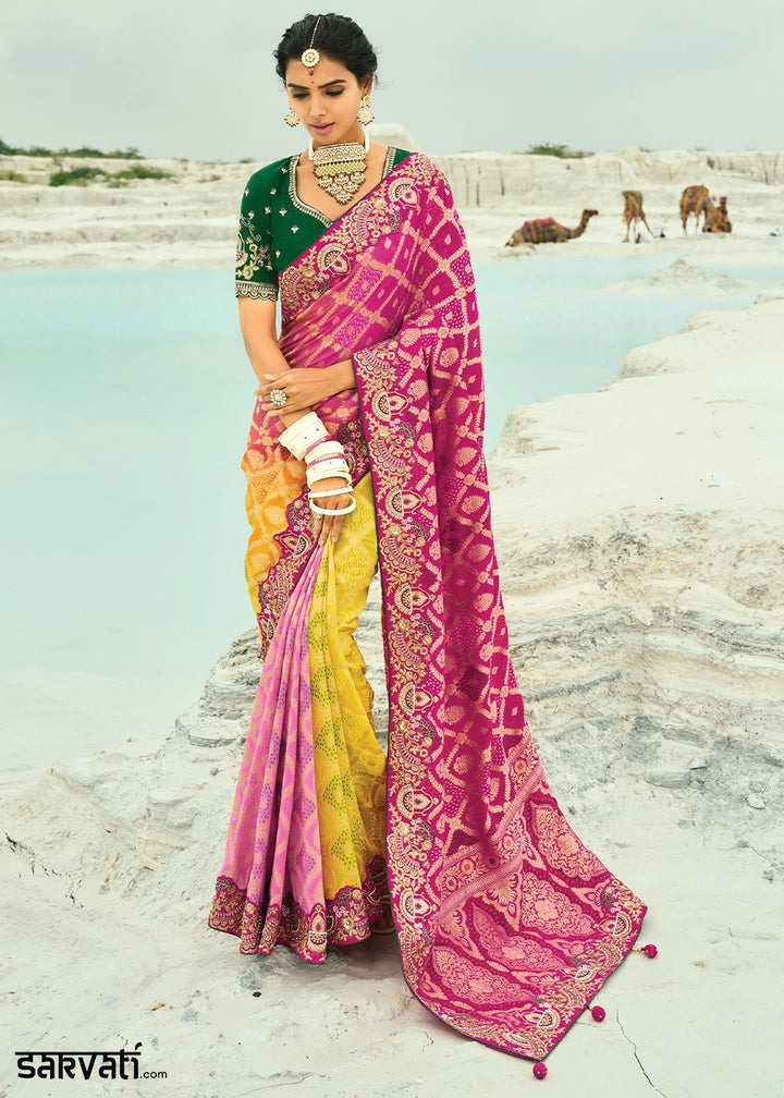 Yellow & Pink Bandhej Saree with Moti & Cut Dana Handwork: Navratri Edit