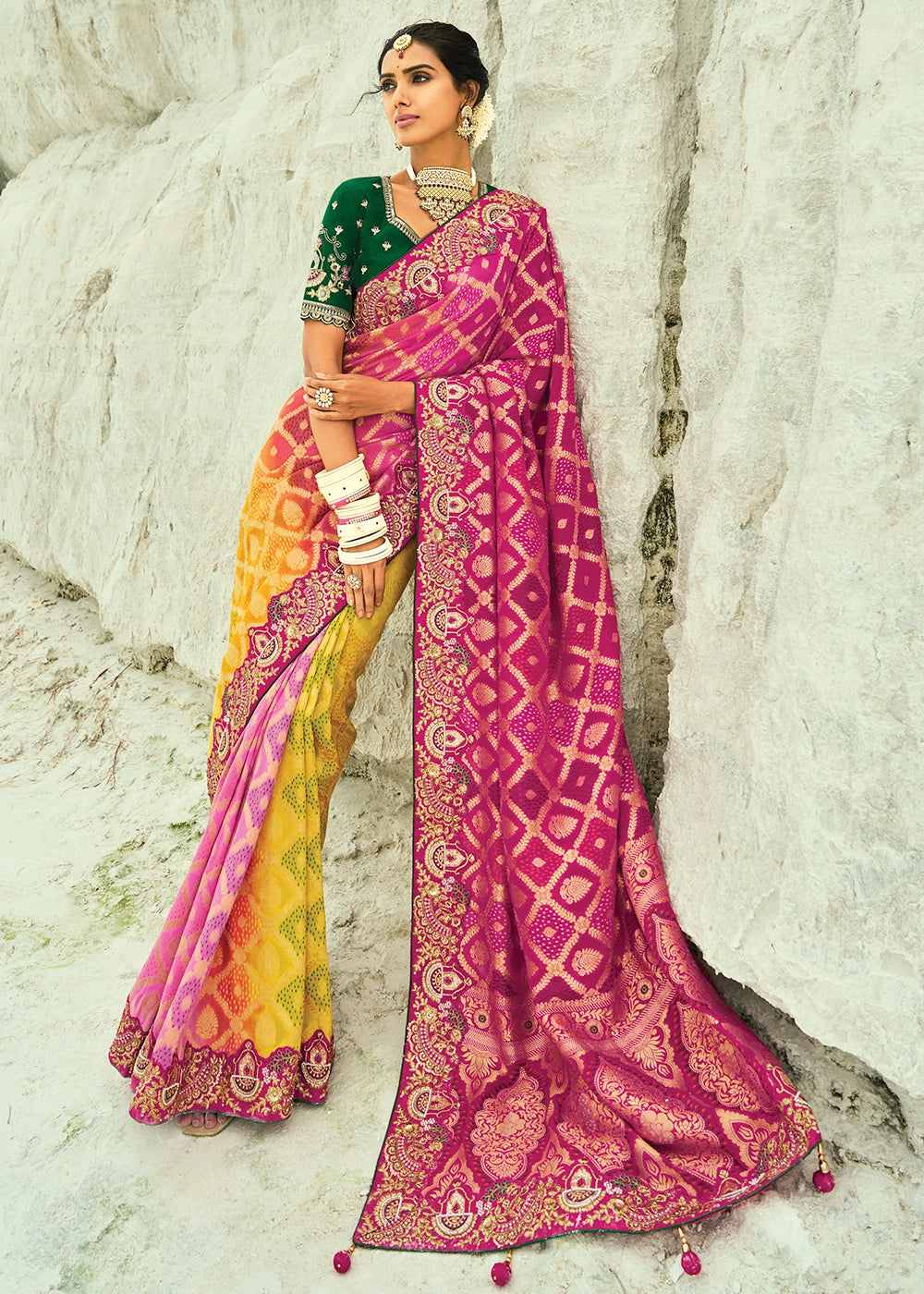 Yellow & Pink Bandhej Saree with Moti & Cut Dana Handwork: Navratri Edit