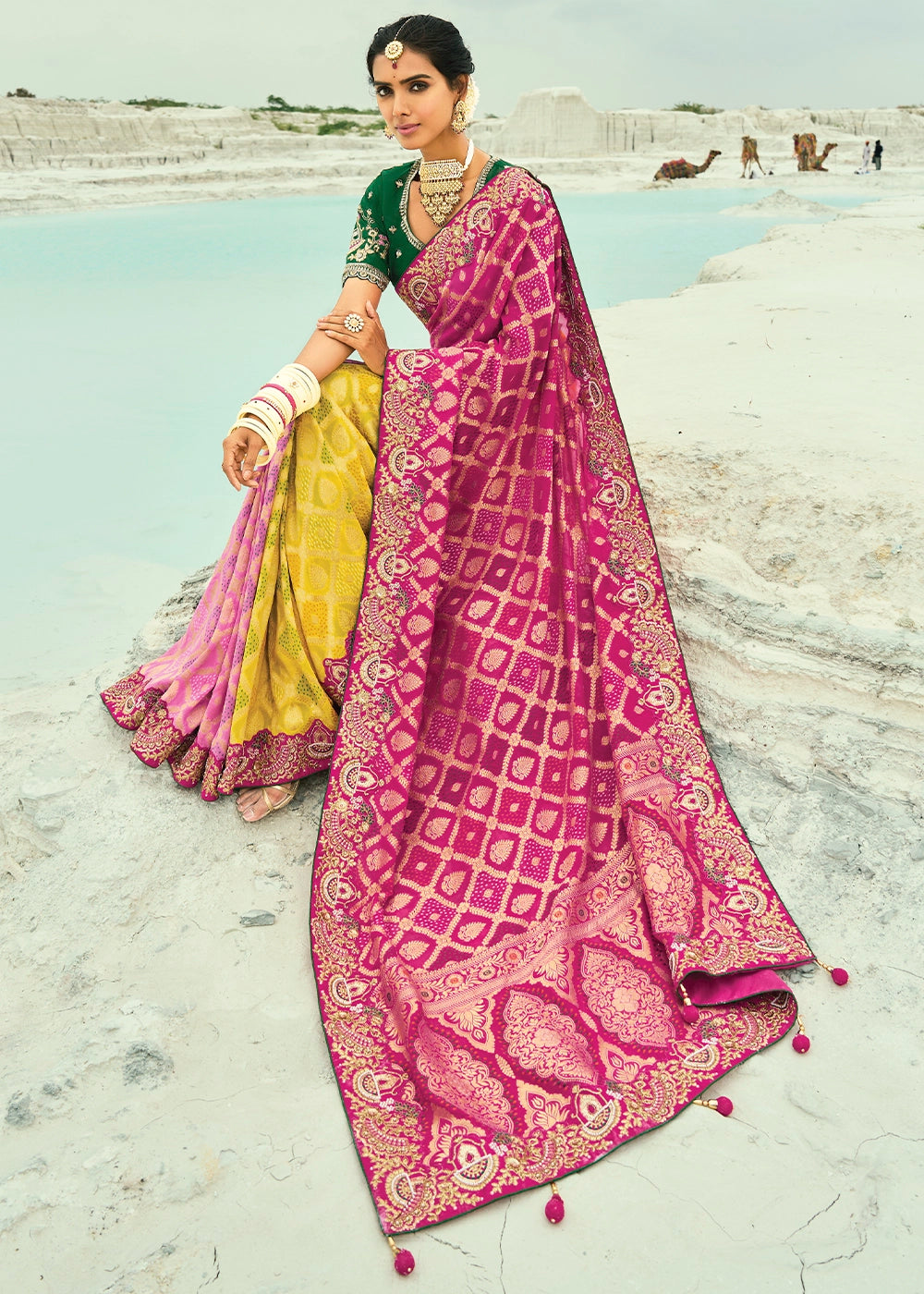 Yellow & Pink Bandhej Saree with Moti & Cut Dana Handwork: Navratri Edit