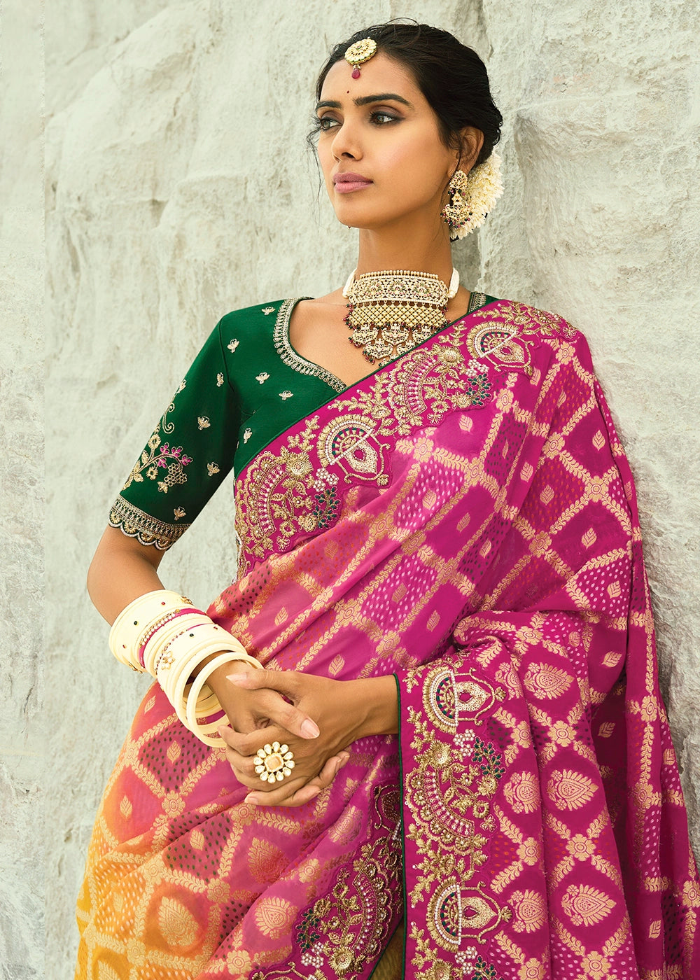 Yellow & Pink Bandhej Saree with Moti & Cut Dana Handwork: Navratri Edit