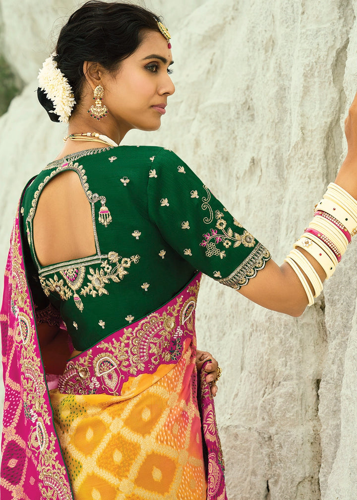 Yellow & Pink Bandhej Saree with Moti & Cut Dana Handwork: Navratri Edit