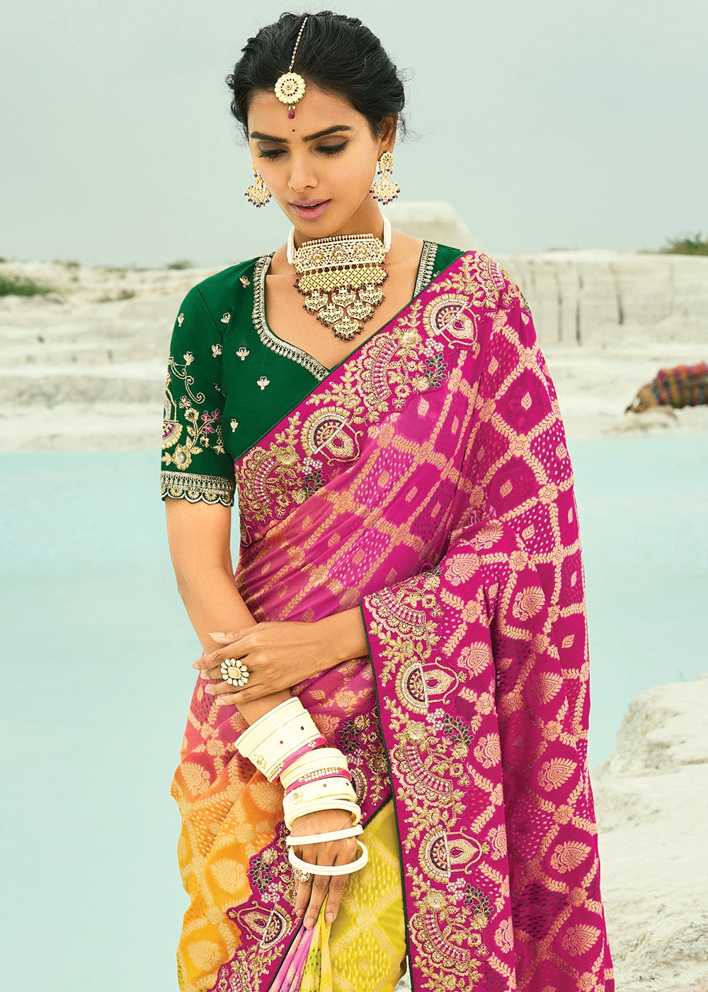 Yellow & Pink Bandhej Saree with Moti & Cut Dana Handwork: Navratri Edit
