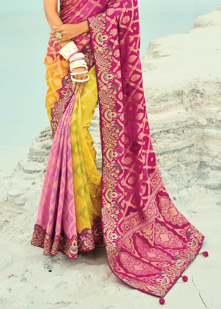 Yellow & Pink Bandhej Saree with Moti & Cut Dana Handwork: Navratri Edit
